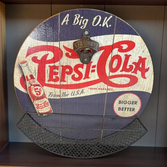 Vintage Style Pepsi-Cola Wall-Mounted Bottle Opener With Catcher & Retro Design - Picture 1 of 7